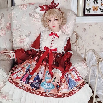 Hercegnő tea party édes lolita ruha vintage bowknot állni lámpás ujja nyomtatás, magas derék viktoriánus ruha, aranyos lány op