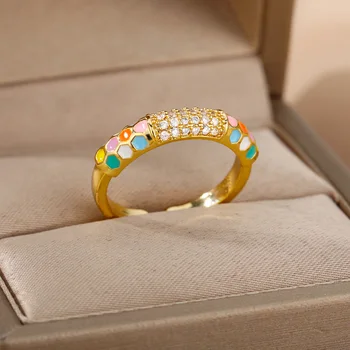 Színes Zománc Olaj Cirkon Gyűrűk, A Nők Fehér Cirkónia Bule Egyszerű Állítható Arany Gyűrű Femme Buli, Esküvői Ékszer, Ajándék