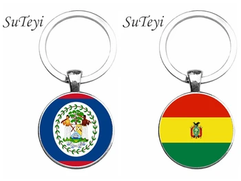 SUTEYI Varázsa Bolívia/Belize Zászló Ezüst Színű Kulcs Gyűrű, Ékszerek, Kerek Üveg Medál, kulcstartó Karácsonyi Kulcstartó, Ajándék, Ékszer