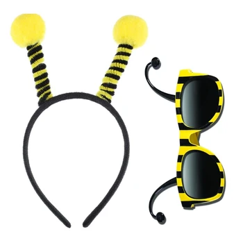 67JF Méh Fejét Karika Szemüveg Meghatározott Bopper Antenna Fejpánt, illetve Méh Csíkos Szemüveg Szett Gyerekeknek Halloween Jelmez