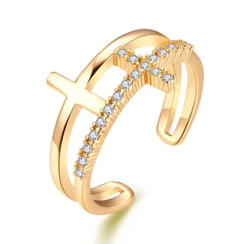 2021 Új Divat Cirkon Arany Dupla Diák Nyitó Gyűrűk Nő Kereszt Gótikus Ujját Ékszer Esküvő Party Girl Szexi Gyűrű