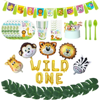 Jungle Safari Téma Party Dekoráció Eldobható Evőeszközök Kit Állat Léggömb Poharak Tányérok Szalvéta Gyerekek Szülinapi Party Kellékek