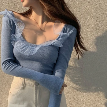 Kötött póló női őszi tavaszi kék háló géz slim fit szűk, hosszú ujjú baseshirt INS trendi divat belső szexi blúz