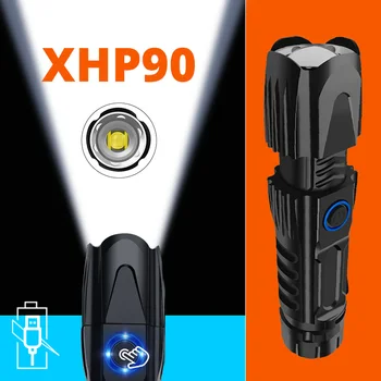 MINI Szuper Fényes XHP90 Legerősebb Zseblámpa Újratölthető LED-Vadászat Kézi Lámpa USB Fáklya 26650 5000mAH Zoom USB XPE Lámpa