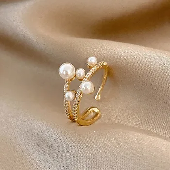 Magas Minőségű Barokk Gyöngy Cirkon Arany Nyitva Gyűrűk Nő Divat Koreai Temperamentum Sokoldalú Gyűrű Ékszer