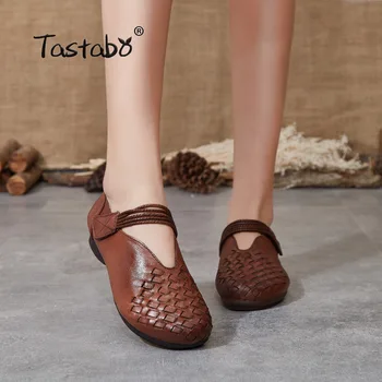 Tastabo Valódi Bőrből készült, Kézzel készült Női Cipő Szőtt felső Karamell Barna S2608 Egyszerű Lapos cipő Szabadidő Stílus Mindennapi cipő