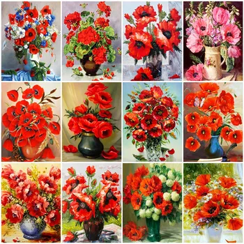 HUACAN olajfestmény Poppy Virág Készletek Handpainted Kép Száma Váza Rajz, Vászon lakberendezési DIY Ajándék