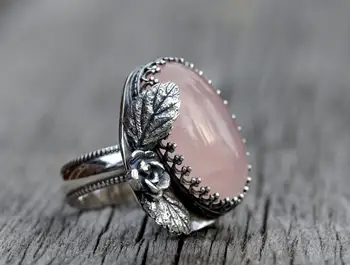 Divat ősi ezüst rózsaszín rózsakvarc gyűrű rózsaszín levél részletek