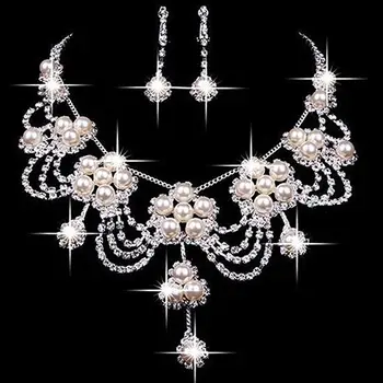 Női Luxus, Strasszos Hamis Gyöngy Nyaklánc, Fülbevaló, Esküvői Ékszer Szett luxus fényes ékszer szett nők esküvői ékszerek