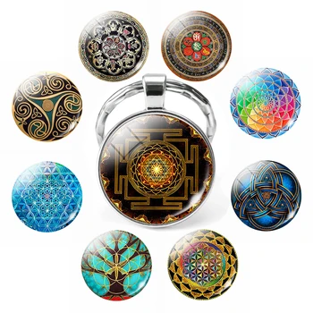 Sri Yantra Mandala Minta Kulcstartó Üveg Medál Buddhista Szent Geometria Keyrings Lelki Ékszer, Mandala Virág Tartozékok