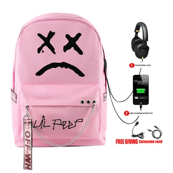Rajongók Kedvenc Lil Peep Rózsaszín Hátizsák Iskola Tinédzser Lányok Diák Vízálló Vászon táska USB Laptop Utazási Hátizsák