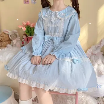 Japán Lolita Hercegnő Ruha [Felfújja Történet] Kedves Csipke Pán Péter-Gallér Tea Party Hosszú ujjú Ruha Nők Közepes hosszúságú Ősz
