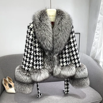 2021 Új Érkezés a Nők Igazi Róka Szőrme Kabát Divat houndstooth minta Gyapjú Kabát Luxus Téli Vastag Meleg Outwear S7921B
