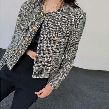 Új Őszi Téli koreai Nők egysoros Márka a Luxus Elegáns Gyapjú Tweed Kabát Retro Öltöny Zakó Felső Casaco Outwear