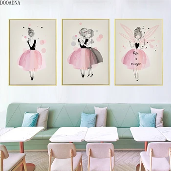 Rózsaszín vászon nyomtatás balett lány óvoda poszter falon festmény, virág lány északi fal nyomtatási gyerekszoba kép dekoráció