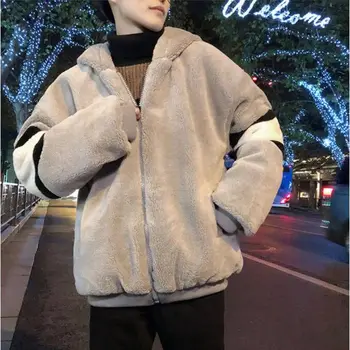 Téli bárány gyapjú kabát férfi koreai divat szín megfelelő plusz bársony vastag laza diák kapucnis plüss meleg férfi Alkalmi kabát