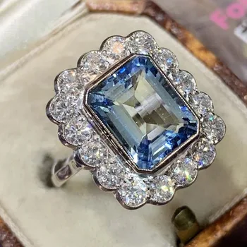 YSDLJG Luxus Nők Ég Kék cirkon Esküvői Gyűrűk Kecses Évforduló Ajándék Gyűrű Felesége Zseniális Klasszikus Esküvői Ékszer Ajándék