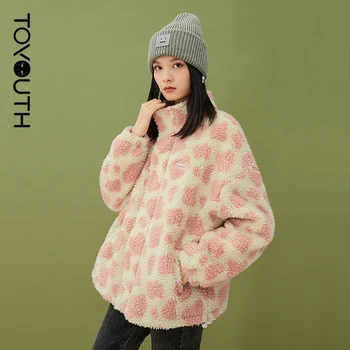 Toyouth Női Kabátok 2021 Téli Hosszú Ujjú Állni Gallér Laza Hely Minta Rózsaszín Kék Alkalmi Puha Outwear