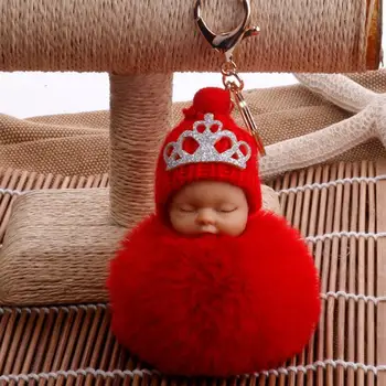 pompom kulcstartó alszik a baba korona kulcstartó aranyos bolyhos műszőrme puha labda, autó dekoráció kawaii zavaros baba haját labda